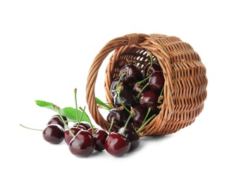 Photo of Wicker basket with sweet red cherries on white background