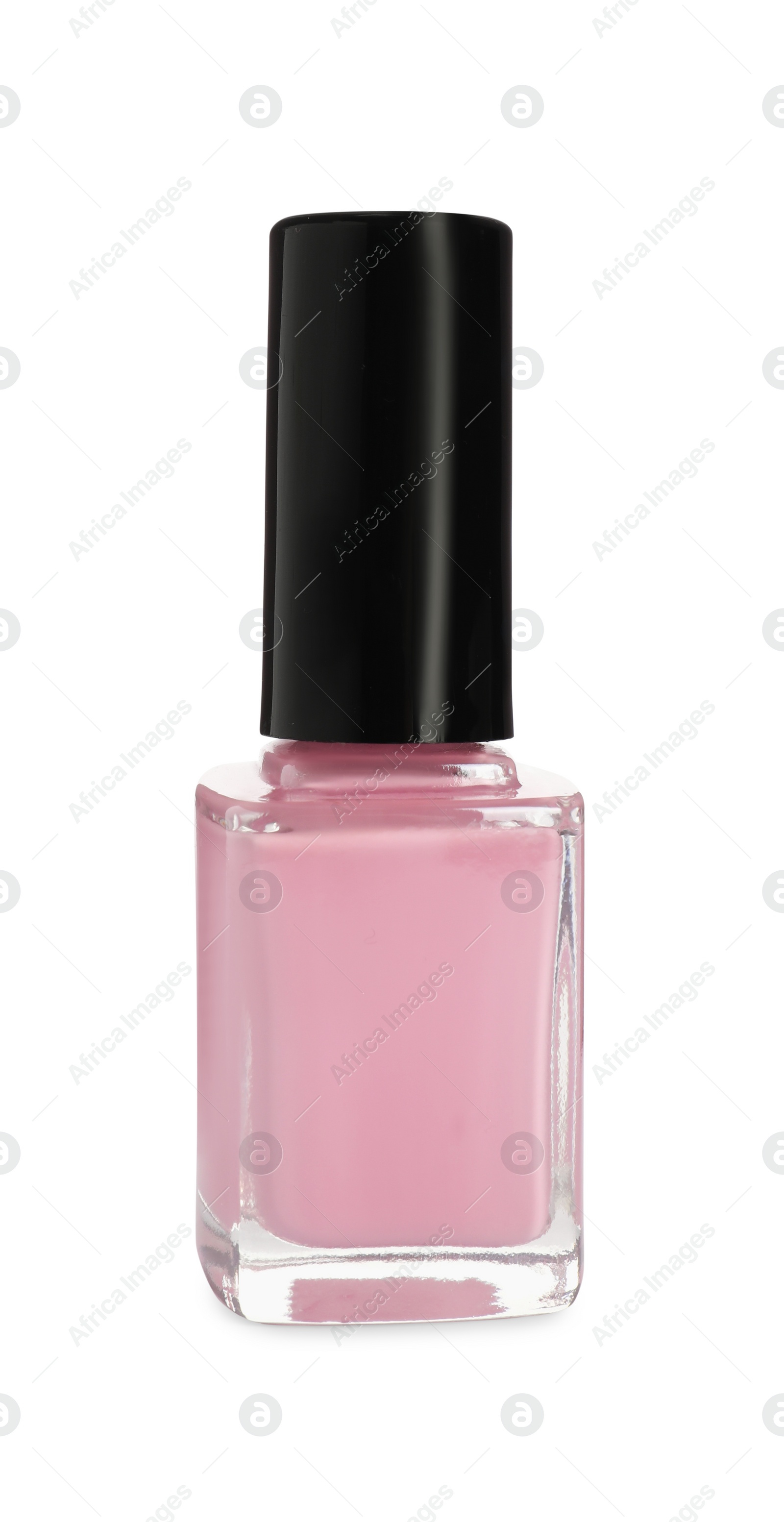 Photo of Pink nail polish in bottle isolated on white