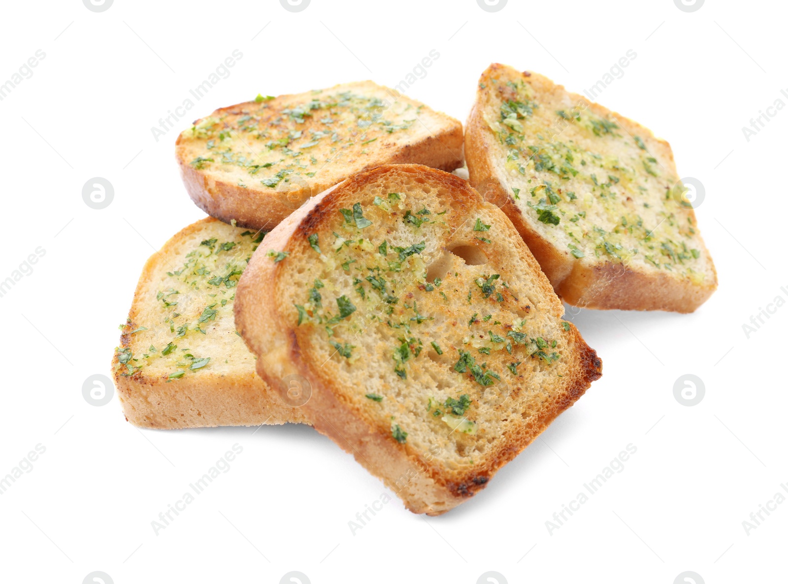 Photo of Slices of toasted bread with garlic and herbs on white background