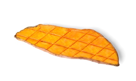 Piece of baked sweet potato on white background