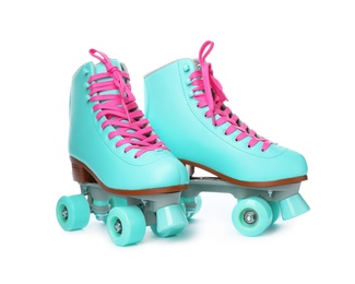 Photo of Pair of bright stylish roller skates on white background