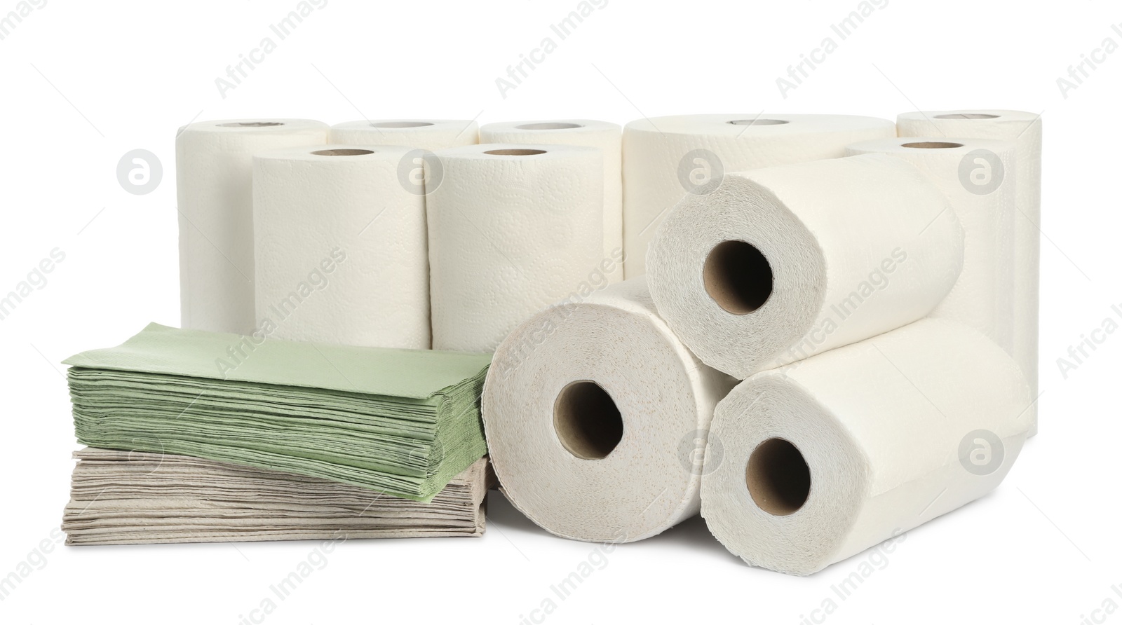 Photo of Paper towels and napkins on white background