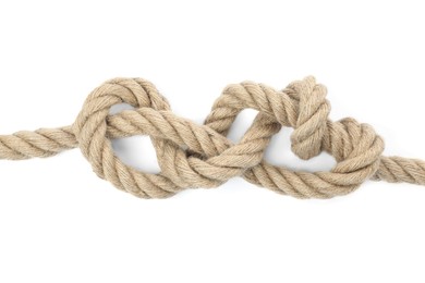 Photo of Hemp rope with knot isolated on white, top view