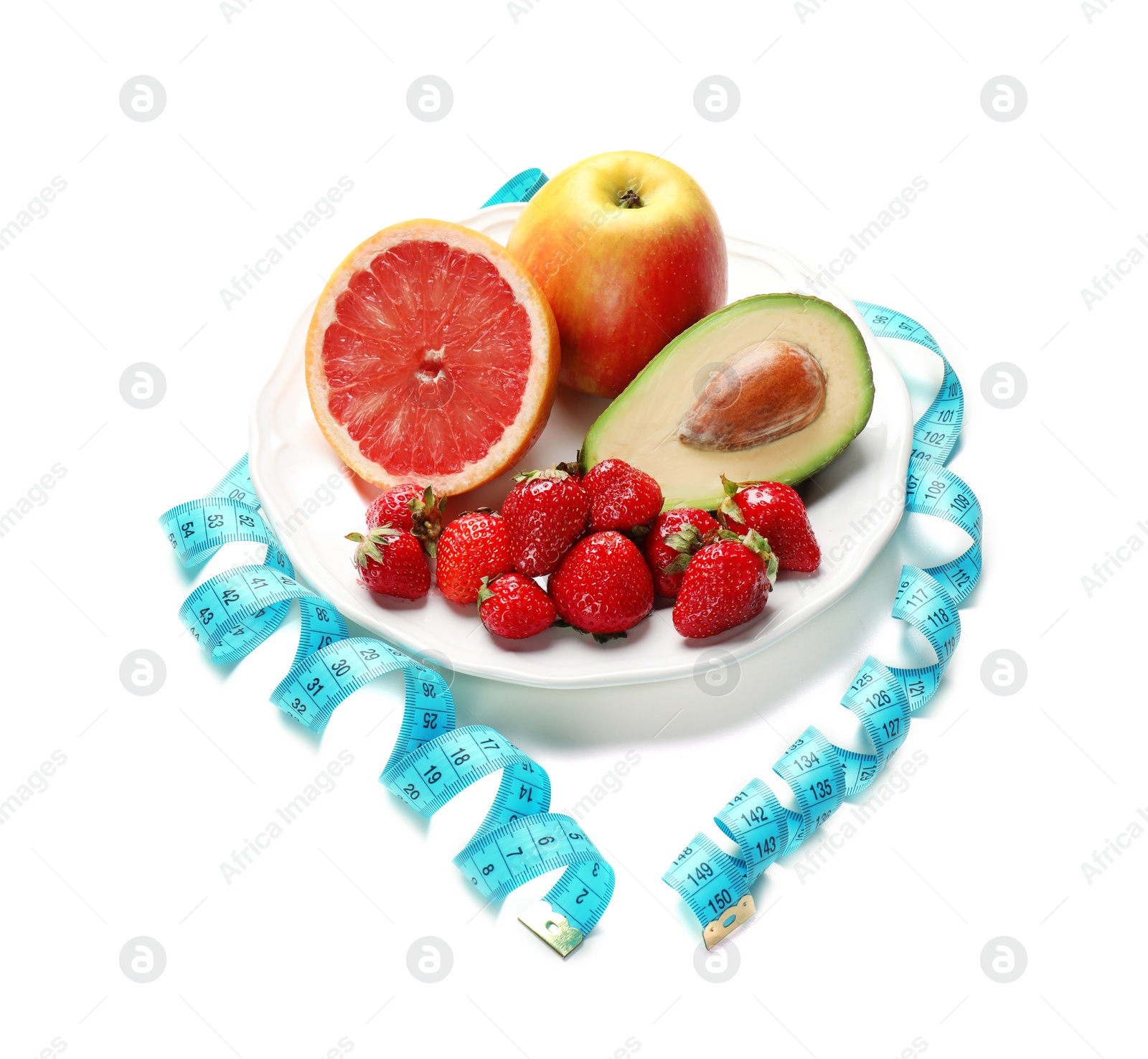 Photo of Plate with different tasty fruits and measuring tape on white background. Healthy diet