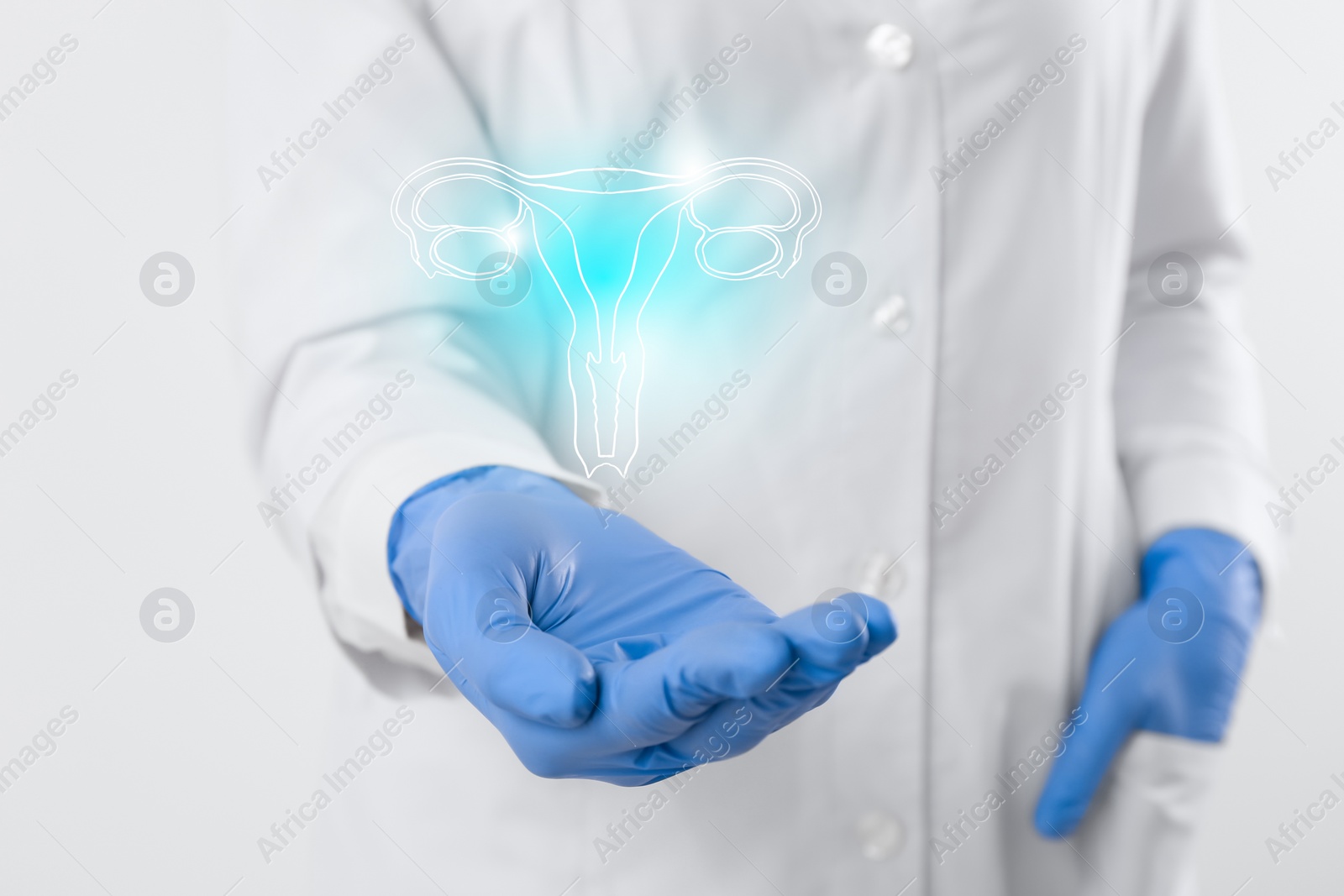 Image of Doctor and illustration of female reproductive system on white background, closeup