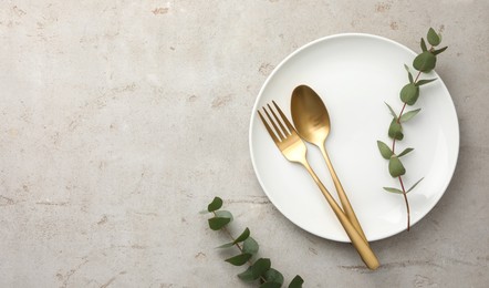 Stylish setting with cutlery, eucalyptus branches and plate on light grey table, top view. Space for text