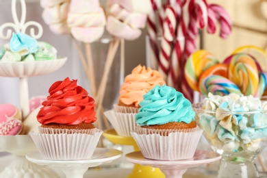 Candy bar with delicious treats for birthday party, closeup