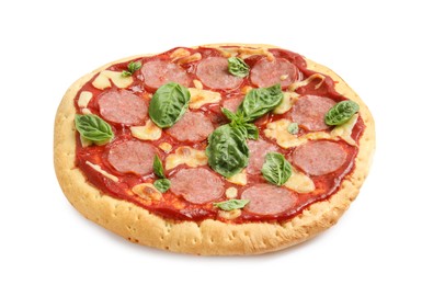 Photo of Pita pizza with pepperoni, cheese and basil isolated on white