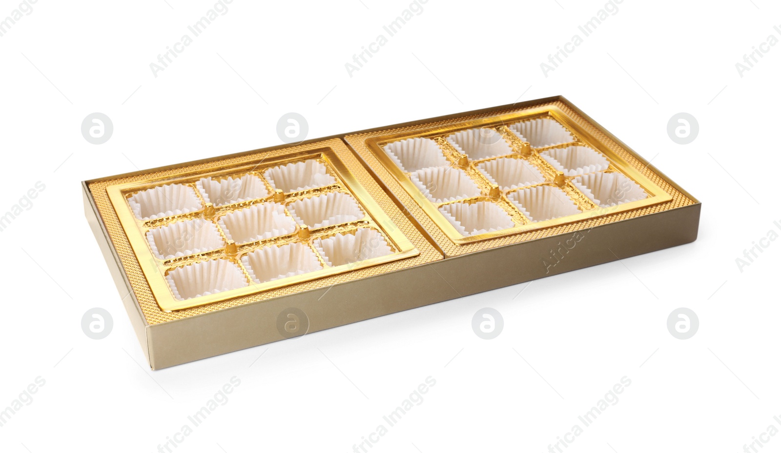 Photo of Empty box of chocolate candies isolated on white