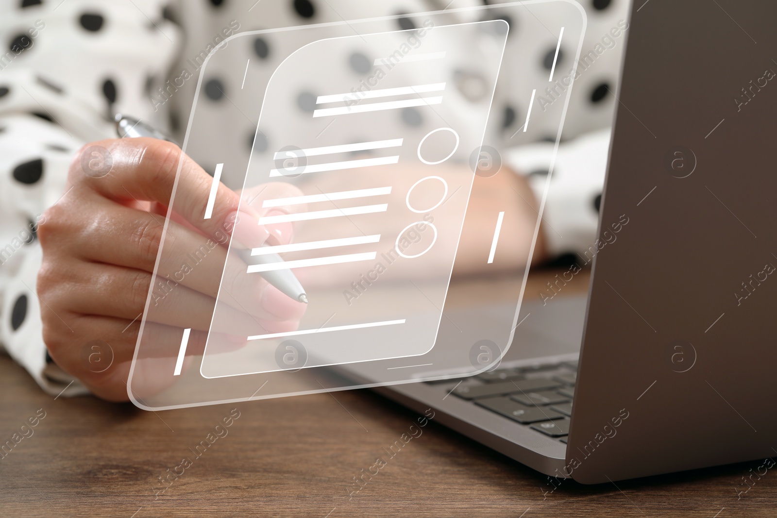 Image of Woman signing electronic document at table, closeup. Virtual screen over laptop