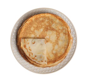 Stack of delicious crepes on plate against white background, top view