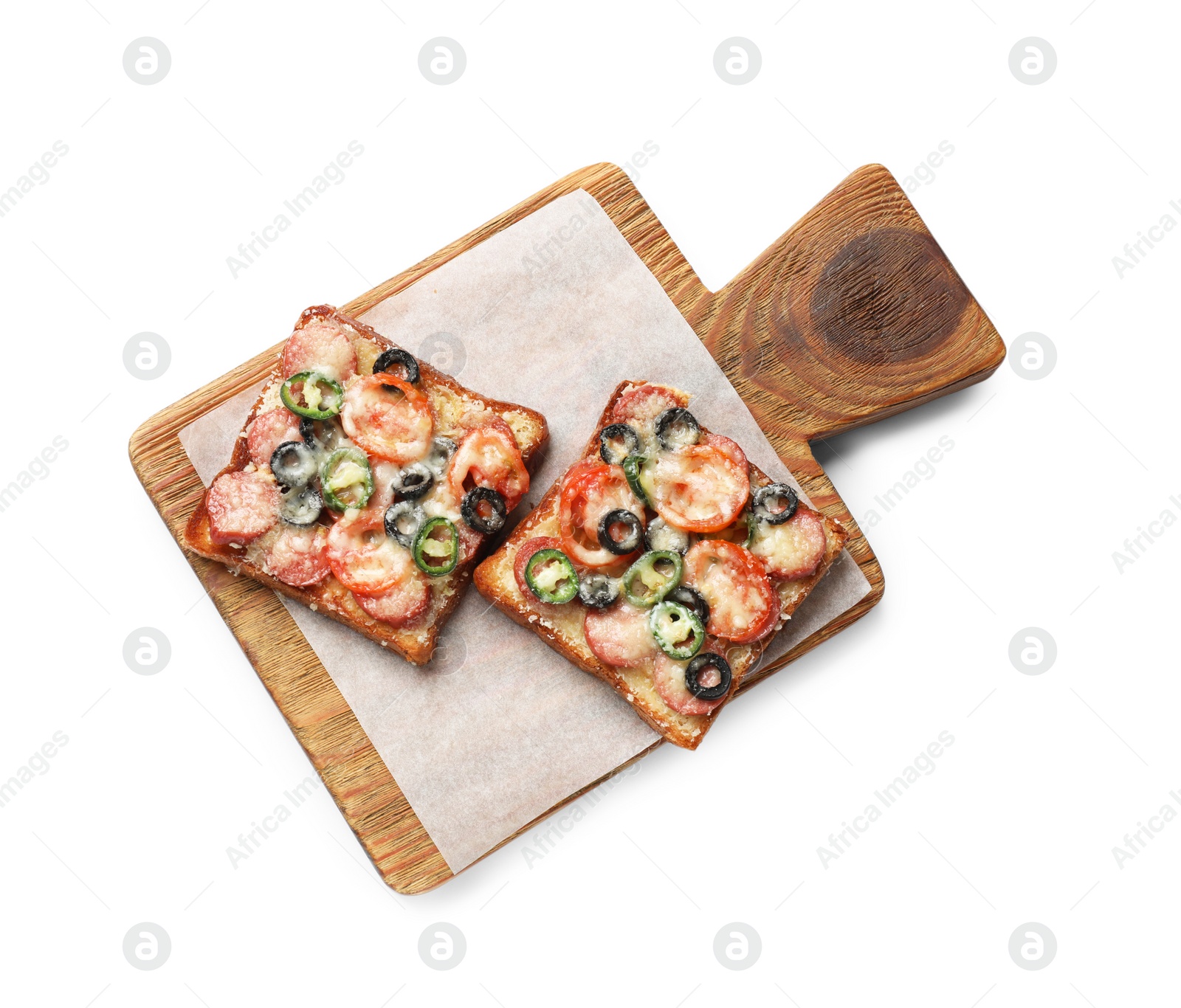 Photo of Tasty pizza toasts isolated on white, top view