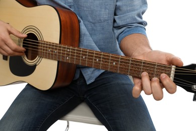 Photo of Man playing guitar on white background, closeup. Music teacher