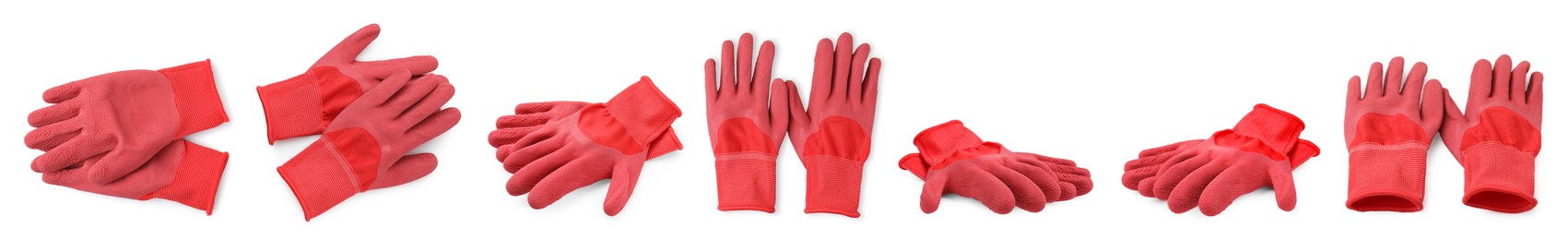 Image of Red gardening gloves isolated on white, views from different angles