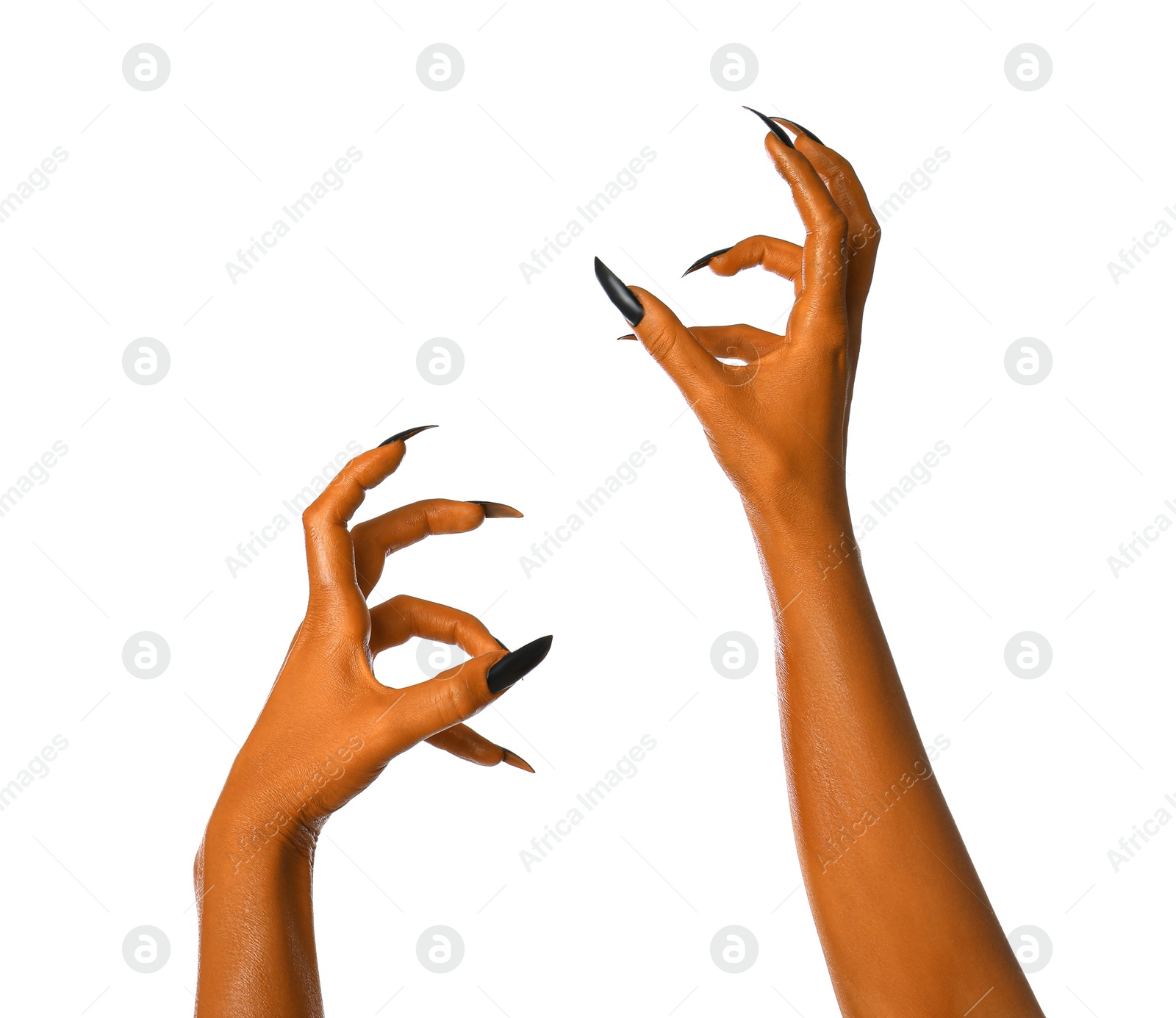 Image of Creepy monster. Orange hands with claws isolated on white