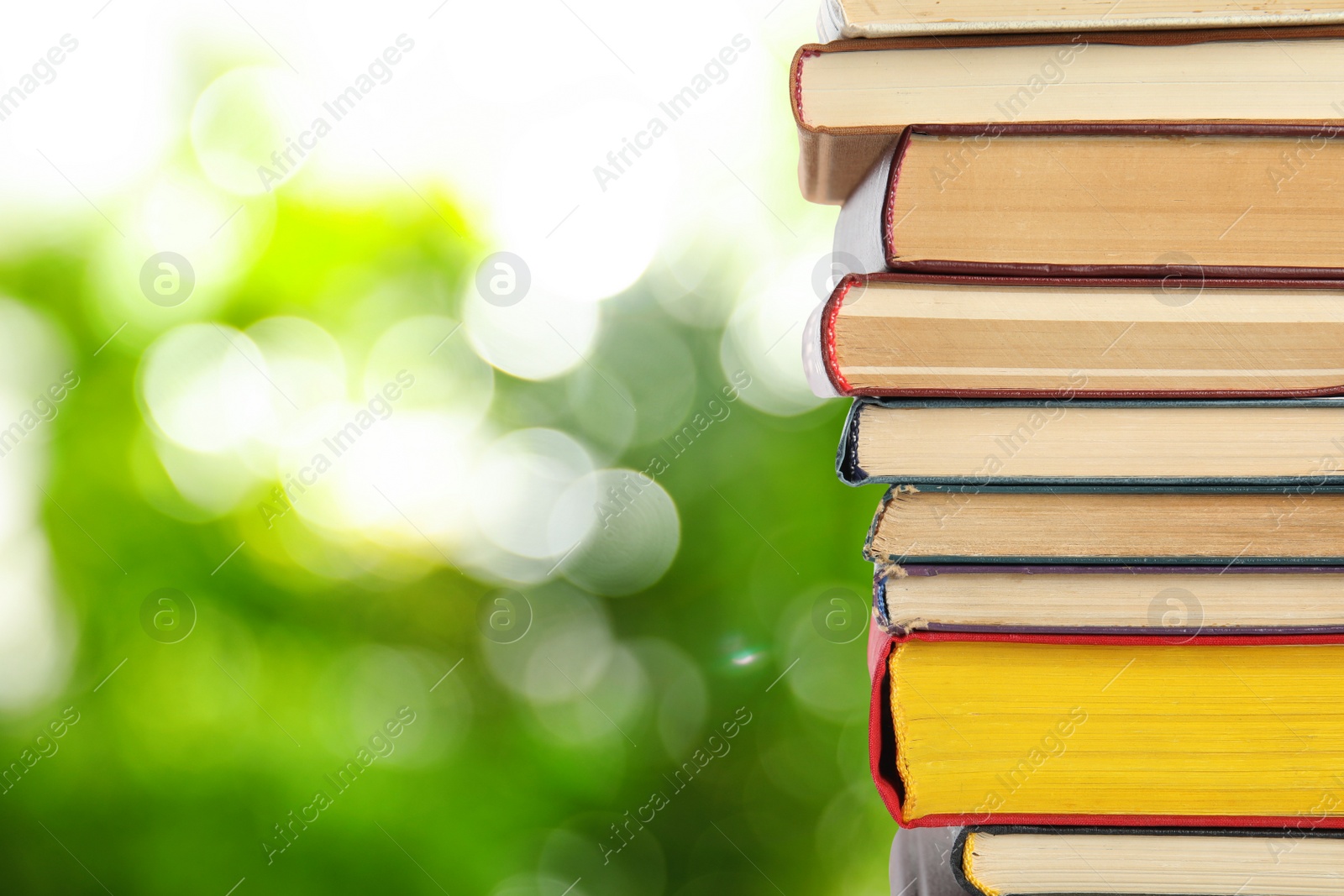 Image of Collection of different books against blurred green background, space for text