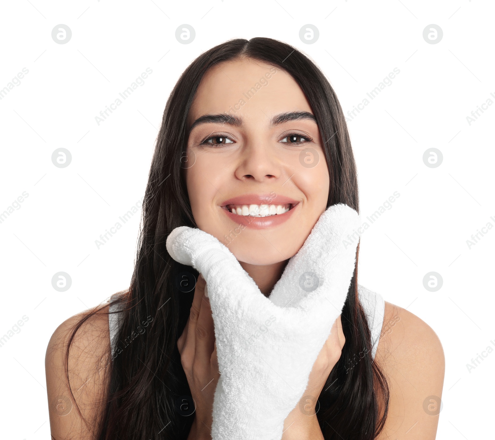 Photo of Young woman wiping face with towel on white background