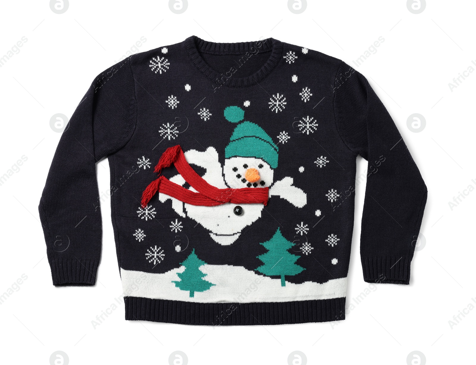 Photo of Christmas sweater with snowman isolated on white, top view