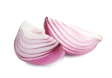 Photo of Fresh cut red onion on white background