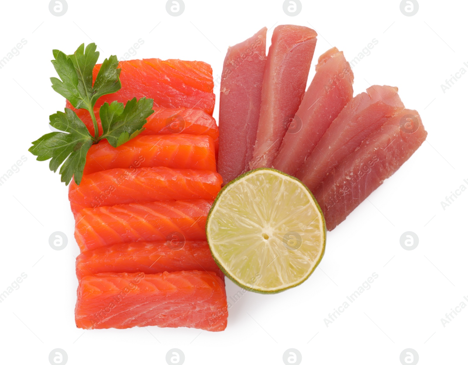 Photo of Delicious sashimi set of salmon and tuna served with lime and parsley isolated on white, top view