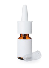 Photo of Bottle of nasal spray isolated on white