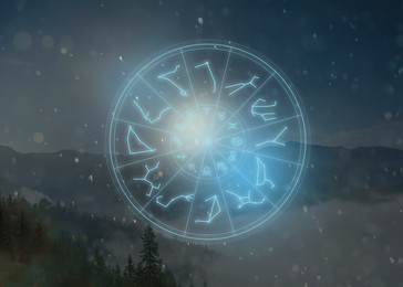 Image of Zodiac wheel with 12 astrological signs and star constellations and mountain landscape on background