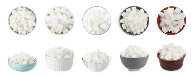 Image of Set with cubes of sugar on white background. Banner design