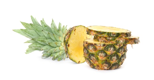 Photo of Cut fresh juicy pineapple on white background