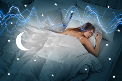 Image of Young woman sleeping in comfortable bed at home, above view. Healthy circadian rhythm and sleep habits