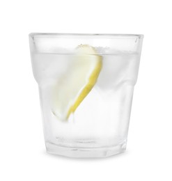 Photo of Glass of vodka with ice and lemon isolated on white