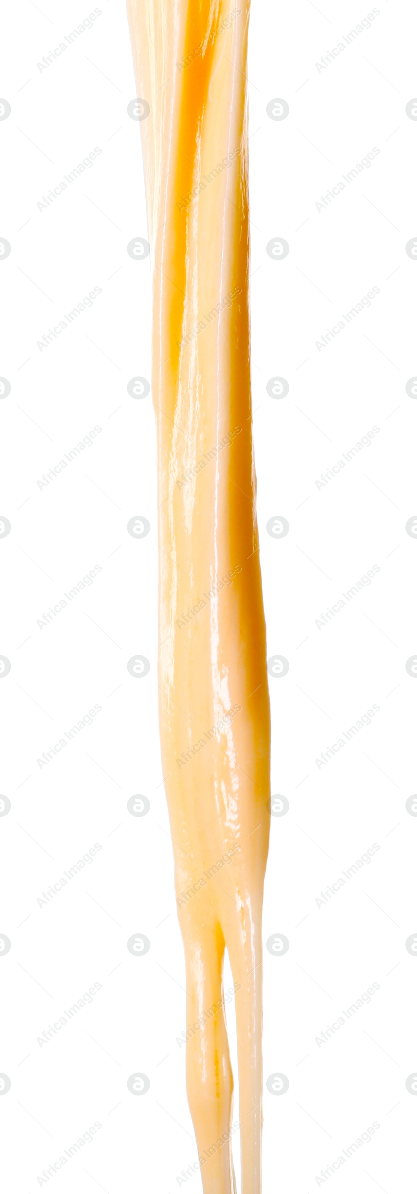 Photo of Stretching delicious melted cheese isolated on white