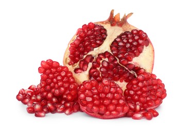 Photo of Tasty ripe pomegranate with juicy seeds on white background