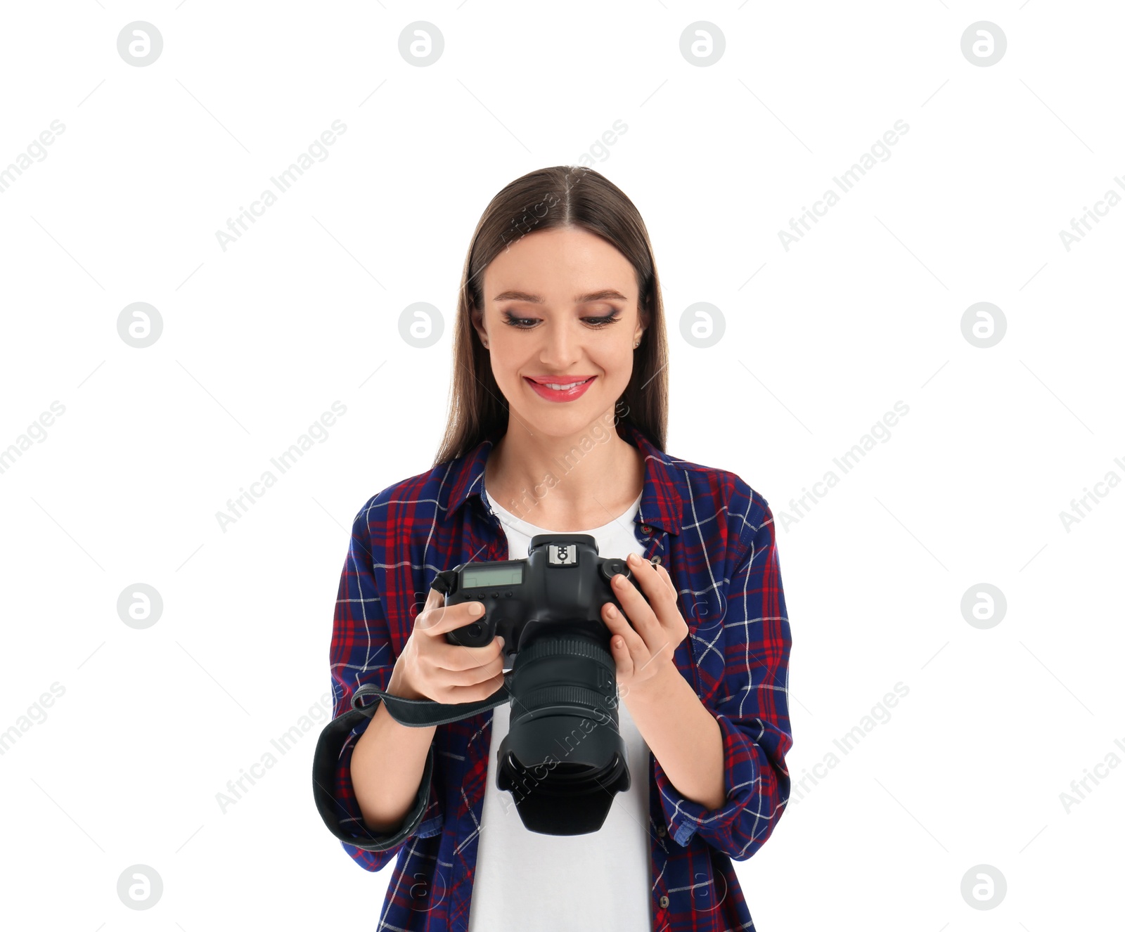 Photo of Professional photographer with modern camera on white background