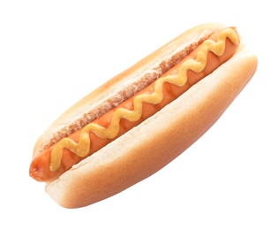 Photo of Tasty hot dog with mustard on white background
