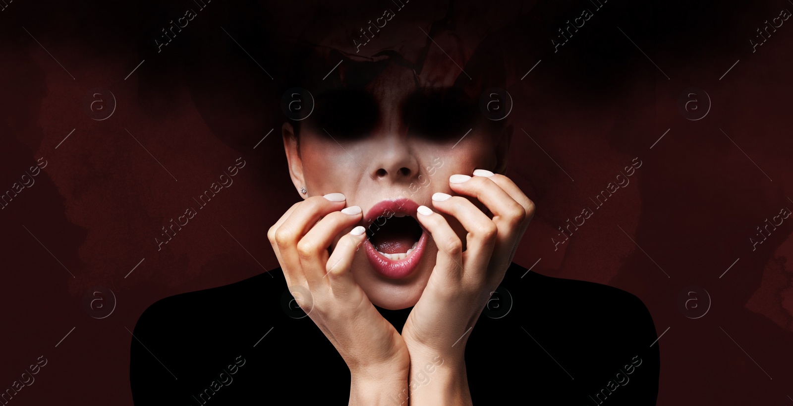 Image of Hallucinations. Scared woman on maroon background. Dark essence flowing out from her black hollow eyes