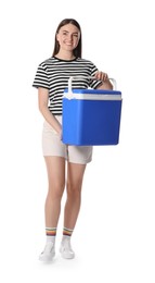 Photo of Happy young woman with plastic cool box isolated on white