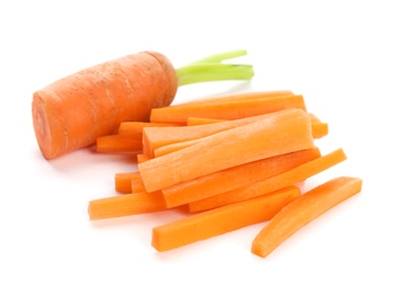 Photo of Tasty ripe cut carrot on white background