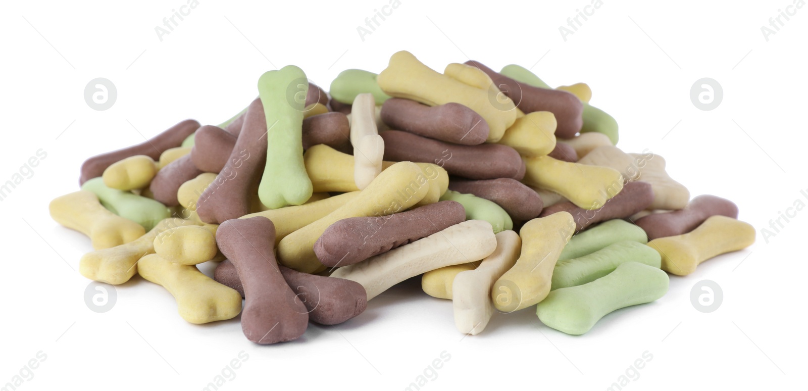 Photo of Pile of different bone shaped dog cookies on white background