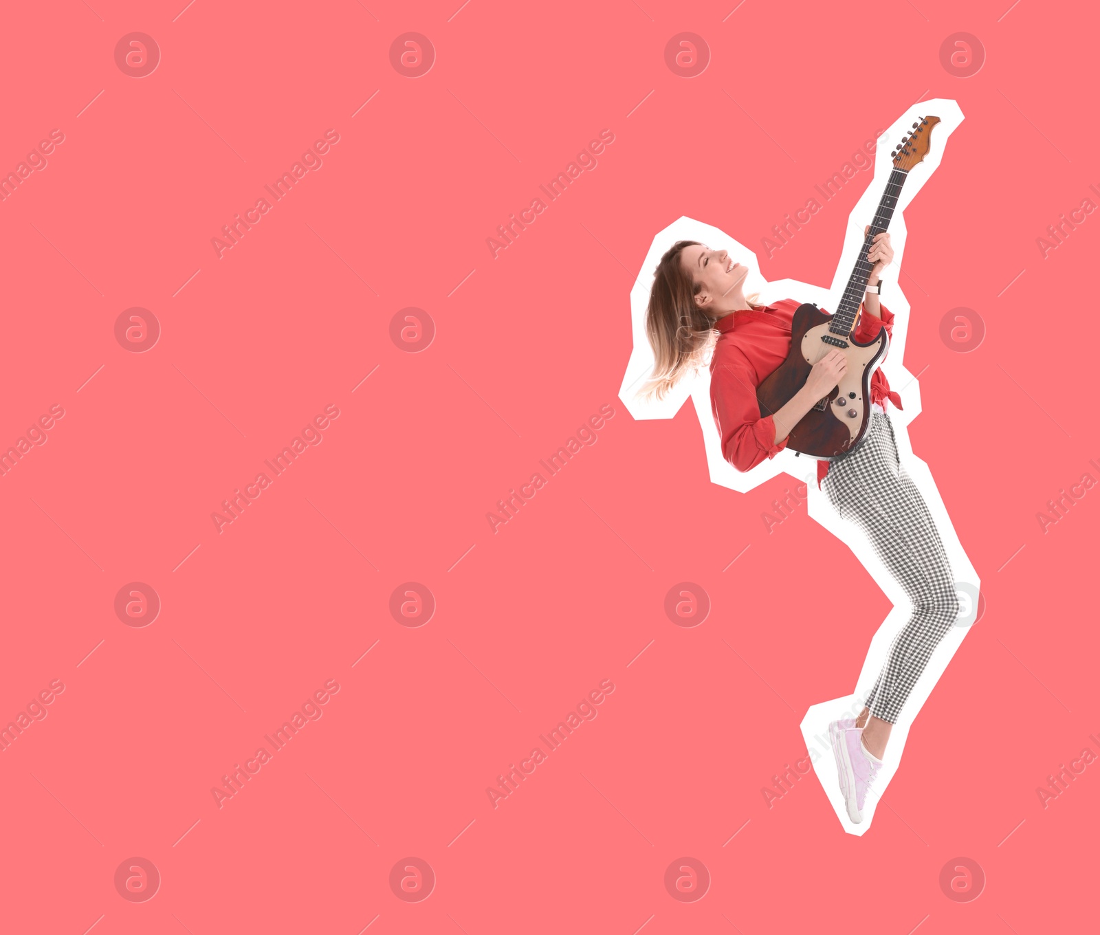 Image of Pop art poster. Woman playing guitar on coral background. Space for text