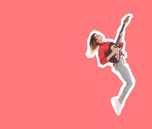 Image of Pop art poster. Woman playing guitar on coral background. Space for text