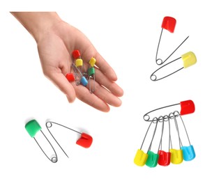 Image of Set with different safety pins on white background