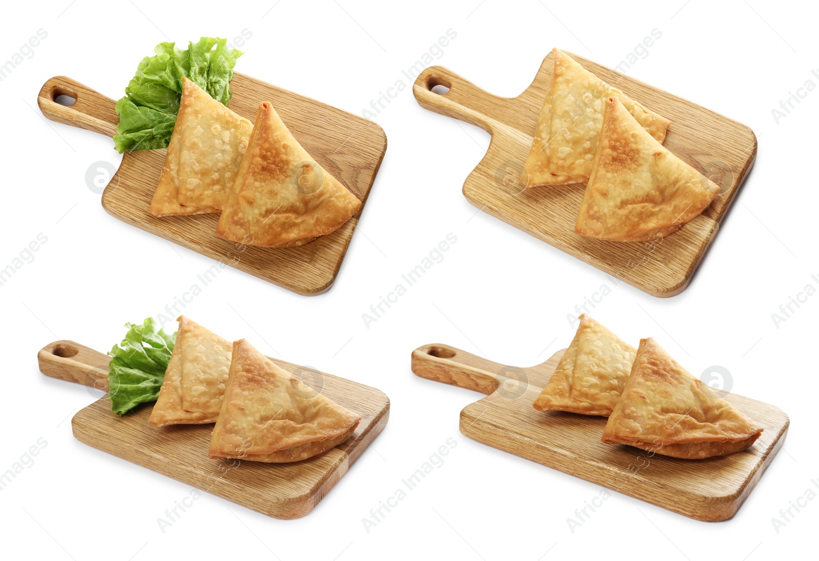 Image of Set with crispy delicious samosas on white background