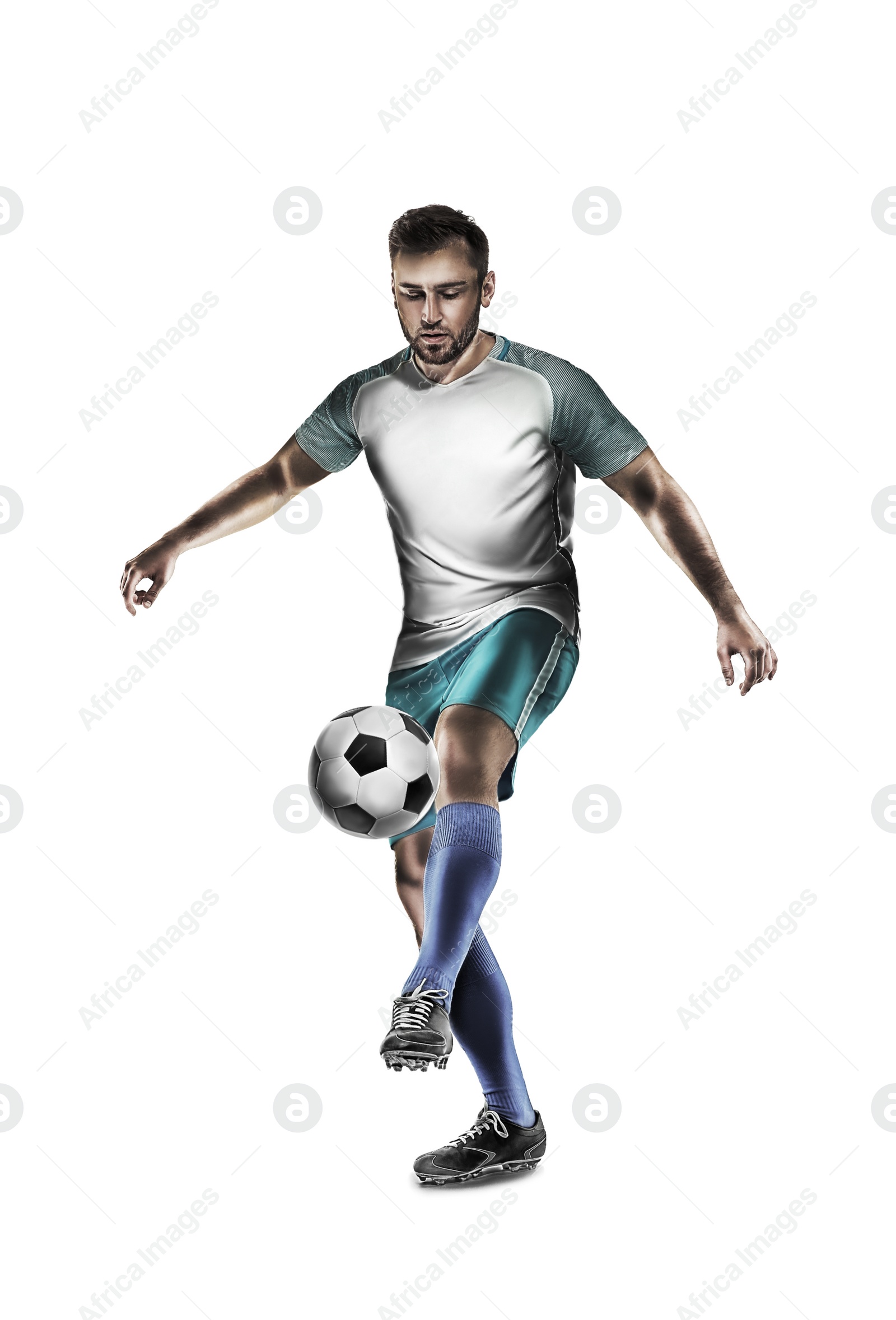 Image of Young man playing football on white background