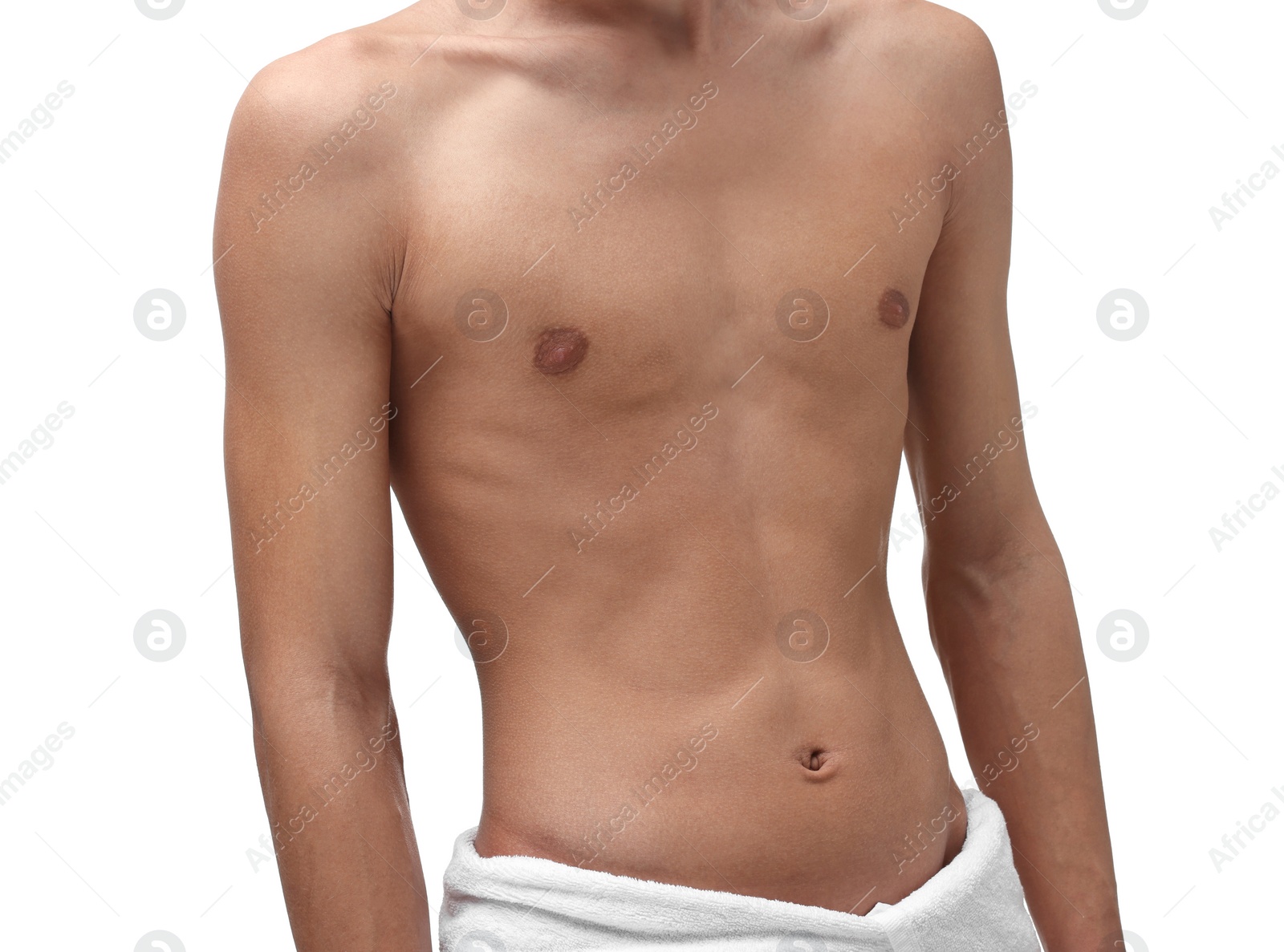 Photo of Man with slim body in towel on white background, closeup