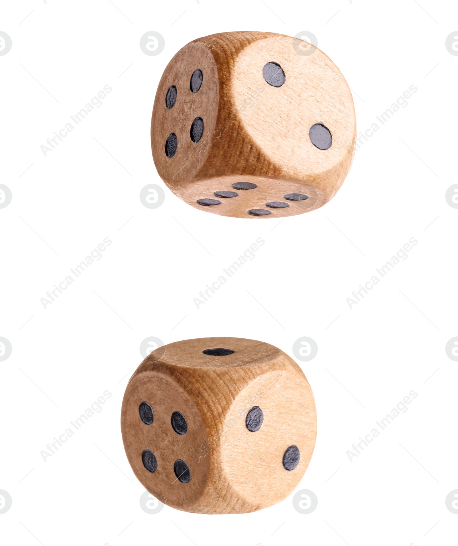 Image of Two wooden dice in air on white background