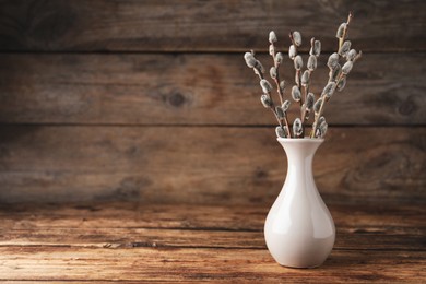 Photo of Beautiful bouquet of pussy willow branches in vase on wooden table. Space for text