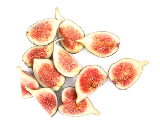 Photo of Slices of tasty fresh figs on white background, top view