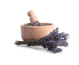 Photo of Wooden bowl, scoop and bunch of dry lavender isolated on white