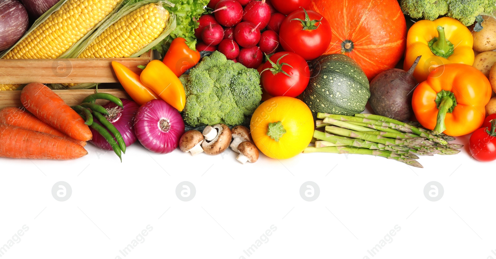 Photo of Pile of different fresh vegetables on white background