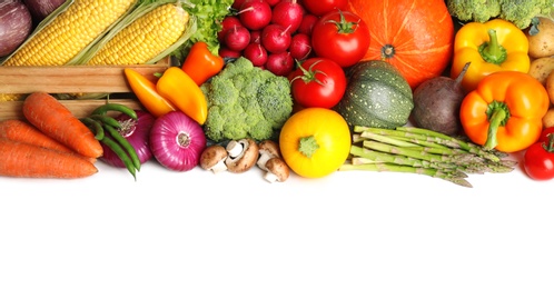 Pile of different fresh vegetables on white background